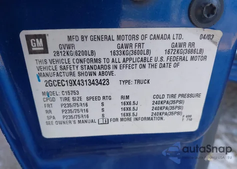 2003 Chevrolet Silverado 1500 Work Truck from USA, damaged, VIN 2GCEC19X431343423